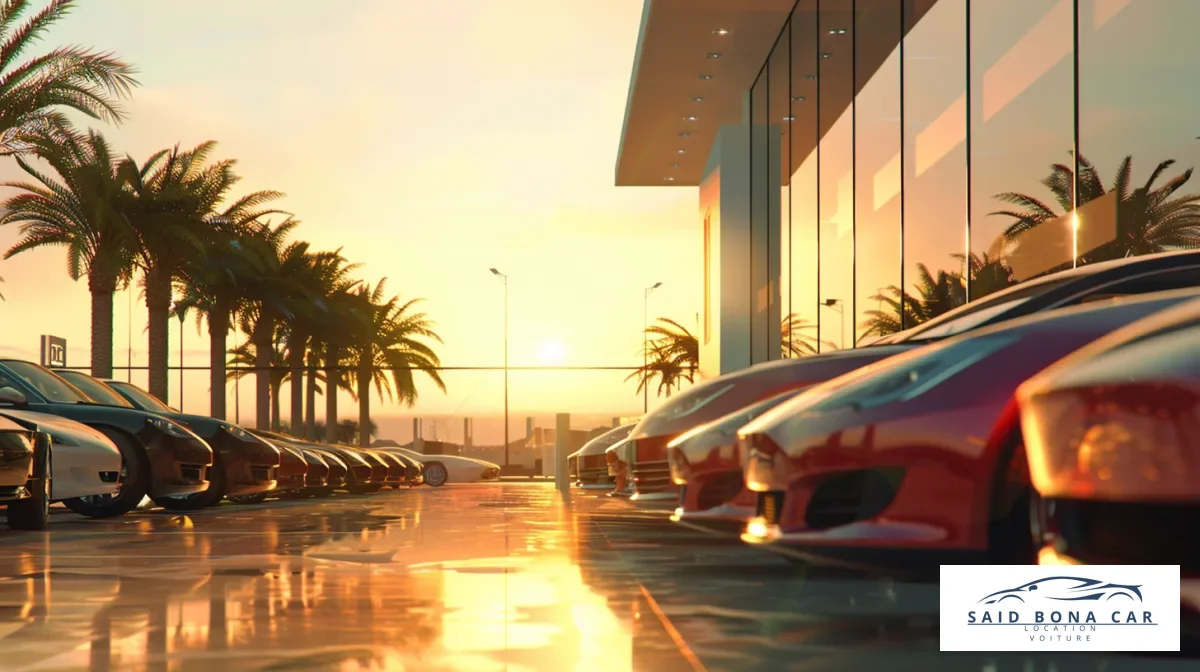 Vue panoramique de Casablanca avec une voiture de location moderne en premier plan