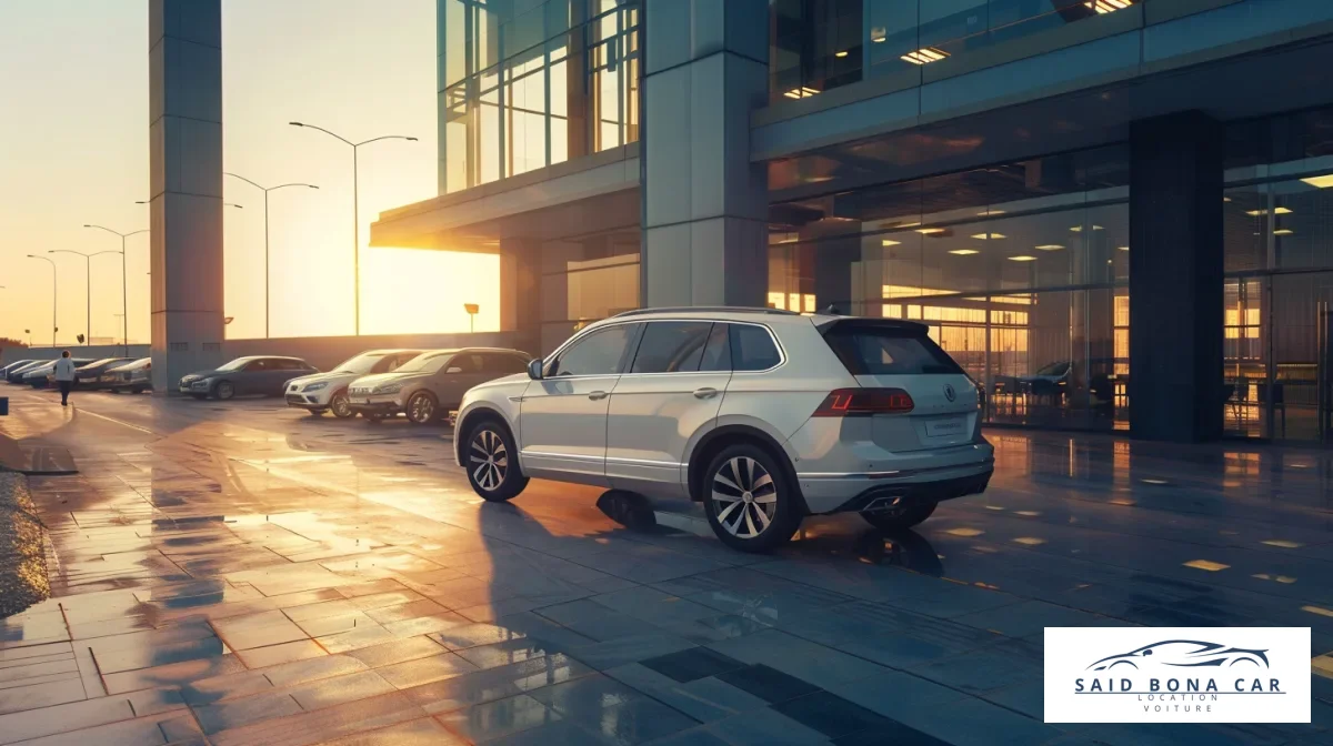 Vue arrière d'un Volkswagen Tiguan sur une route panoramique près de Casablanca, illustrant sa capacité pour les voyages.