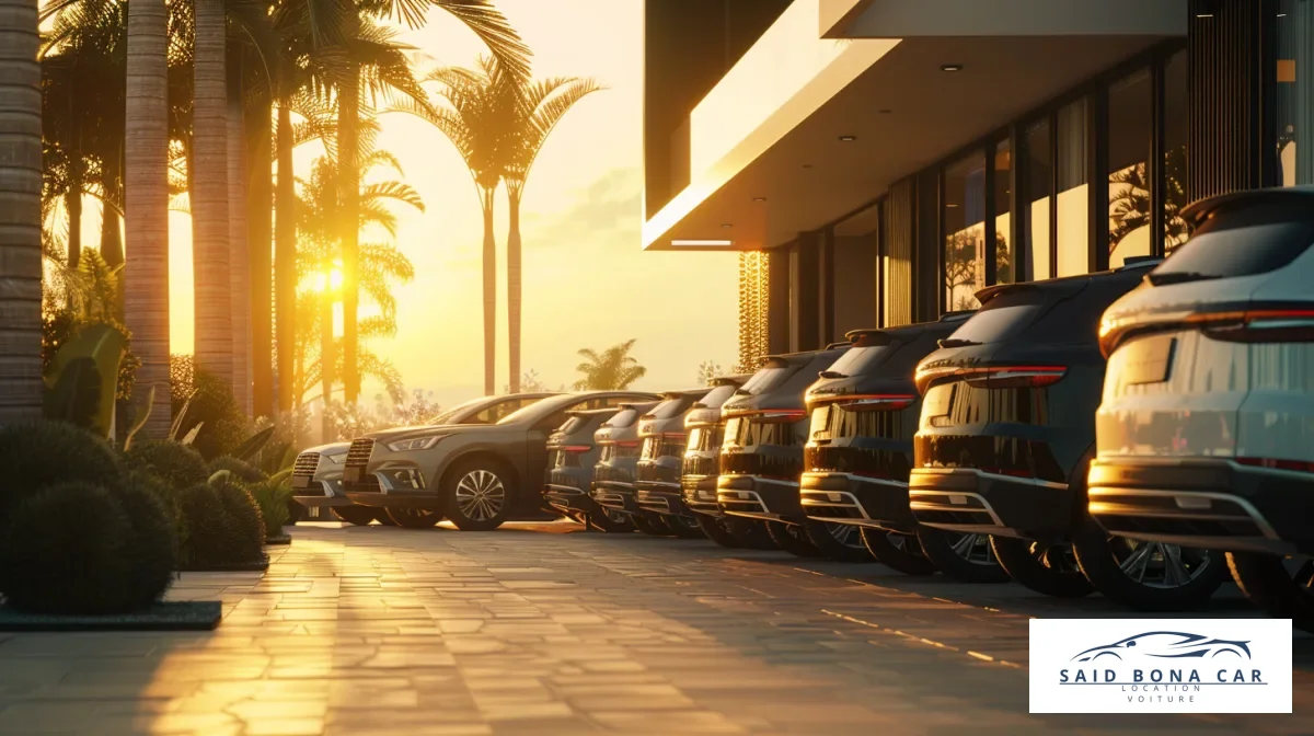 Une sélection de véhicules de location variés, d'une petite citadine à un SUV, dans un parking d'agence à Casablanca